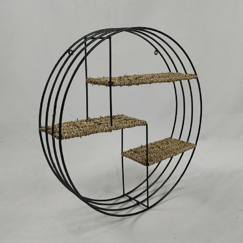 Metal wire seagrass round shape three-layer hanging wall shelf