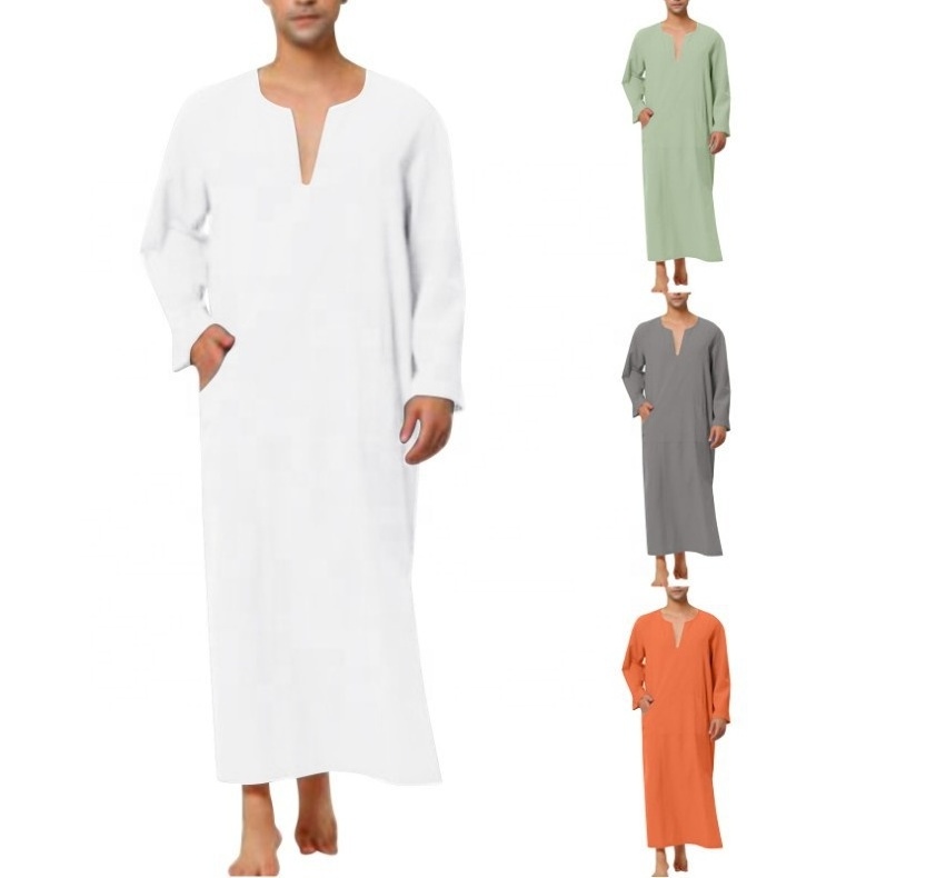 Cotton Men Islamic Arabic Robe Kaftan Muslim Clothing Men's Saudi Abaya Robes Fashion Dubai Mens Jubba Thobe