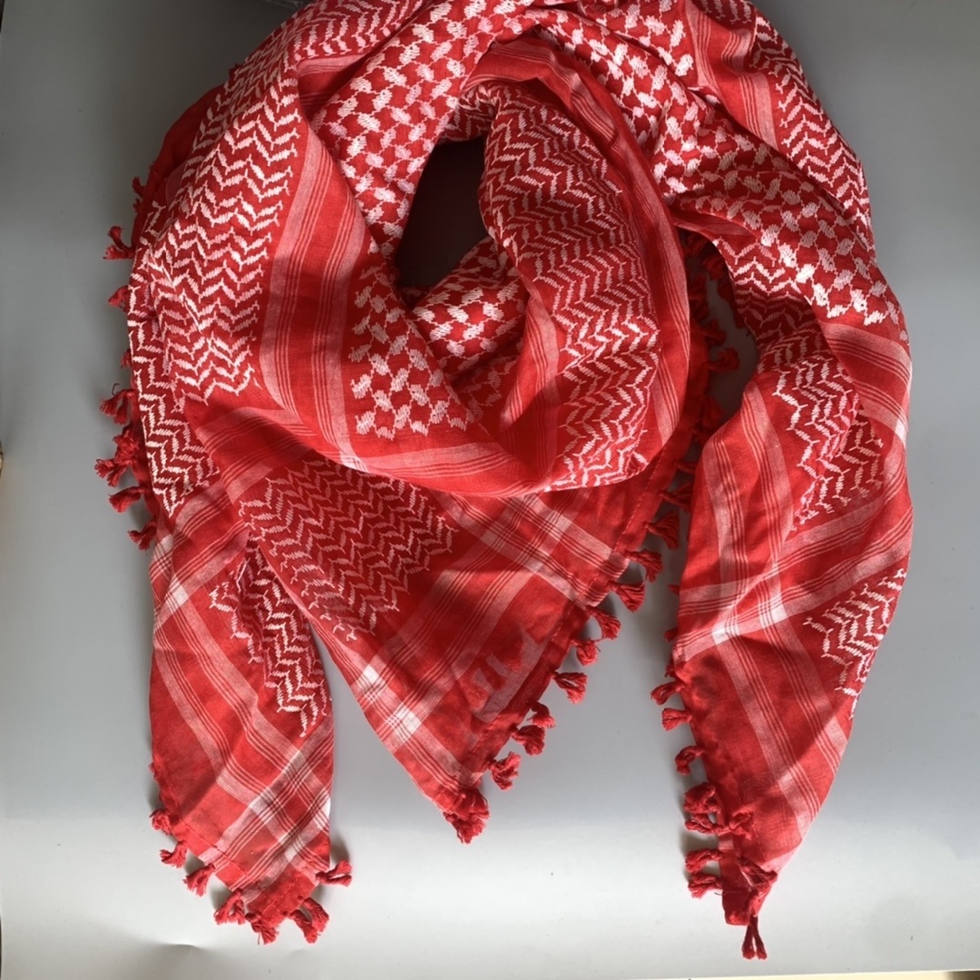 Red White Plaid Fringe Arab Hijab Square Tactical Outdoor Ride Equipment Ethnic Printed Muslim Camping Scarf for Arab Headscarf