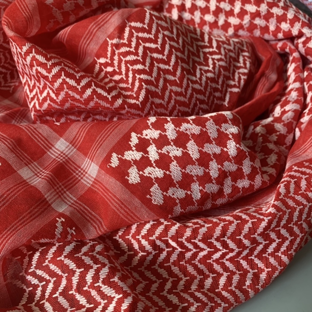 Red White Plaid Fringe Arab Hijab Square Tactical Outdoor Ride Equipment Ethnic Printed Muslim Camping Scarf for Arab Headscarf