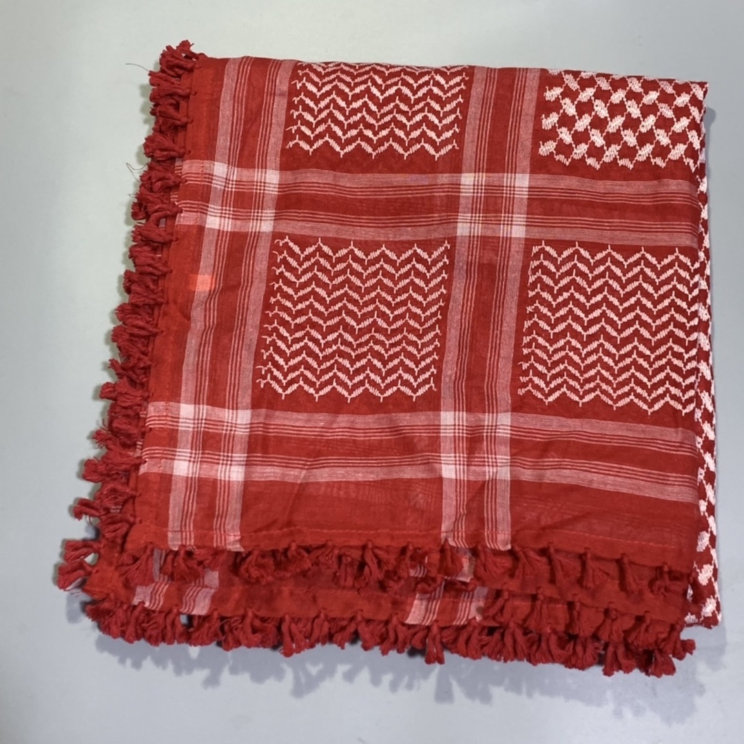 Red White Plaid Fringe Arab Hijab Square Tactical Outdoor Ride Equipment Ethnic Printed Muslim Camping Scarf for Arab Headscarf