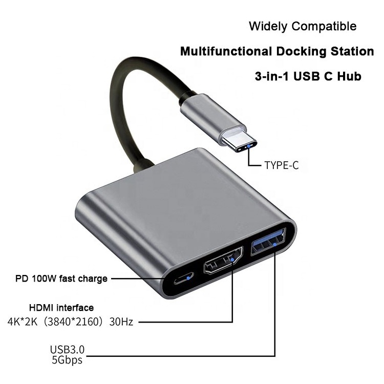 Universal Multi-Functional Laptop 3 in 1 Hub USB-C Type-C HDMI Ports USB3.0 Charging Docking Station USB C with PD Fast Charging