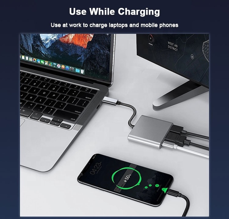 Universal Multi-Functional Laptop 3 in 1 Hub USB-C Type-C HDMI Ports USB3.0 Charging Docking Station USB C with PD Fast Charging