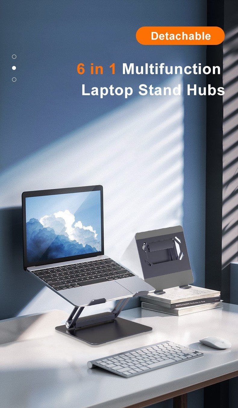 Aluminum Type C USB 3.0 HDMI USB-C Height Adjustable Multifunction Detachable Design 6 in 1 Docking Station Laptop Stand Hubs