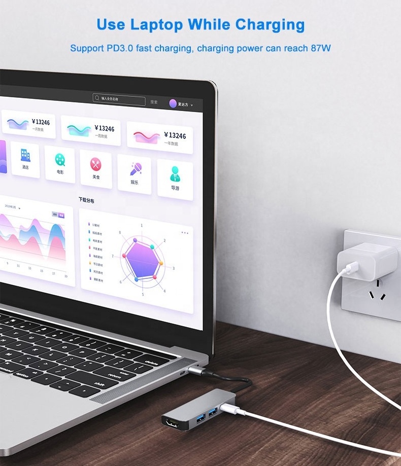 Vietnam Factory Universal Multifunctional 100W USB-C HDMI USB3.0 DP 4-in-1 Aluminum 4 in 1 USB Hub Docking Station up to 100 W