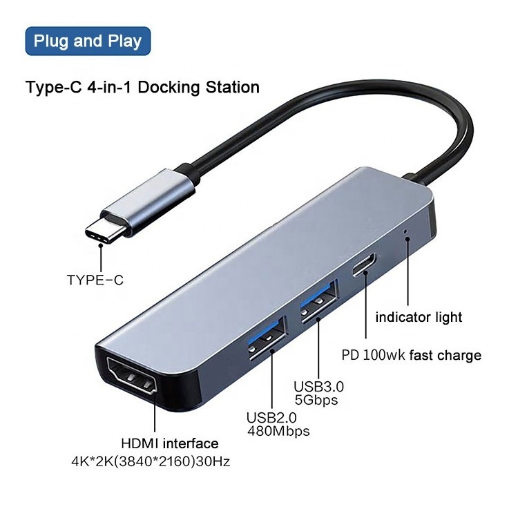 Vietnam Factory Universal Multifunctional 100W USB-C HDMI USB3.0 DP 4-in-1 Aluminum 4 in 1 USB Hub Docking Station up to 100 W