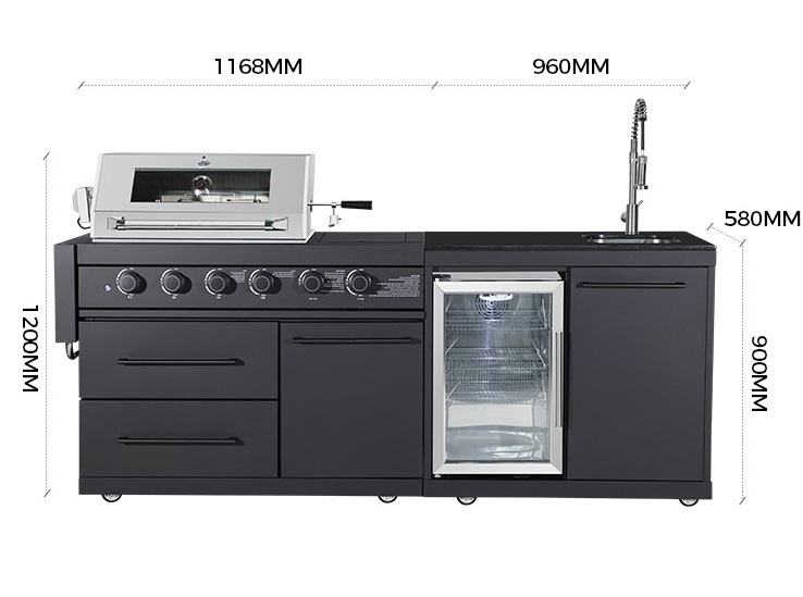 Black SUS304 Outdoor Kitchen Stainless Steel Cabinet Outdoor Kitchen With Side Gas Grill And Bbq Grill