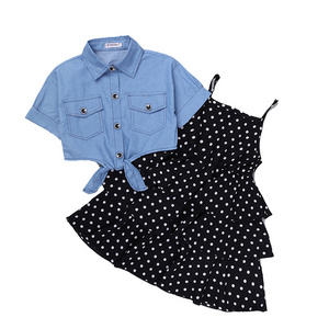 Hot Selling New Arrival Casual Kids Girl Dress 2pcs Short Jeans Shirt + Sleeveless Dress Baby Princess Dress