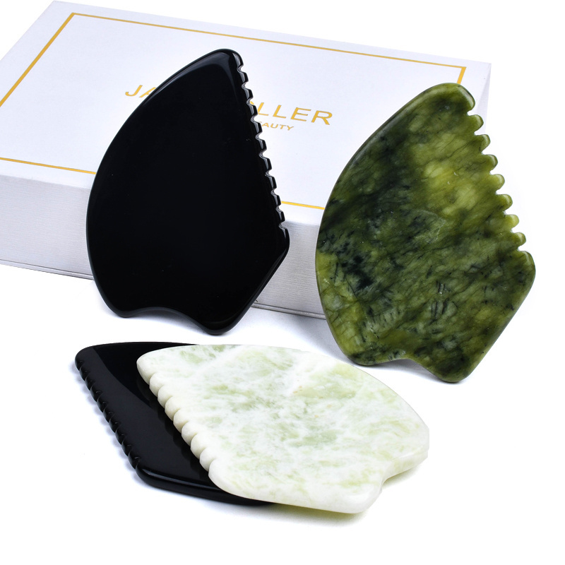 Custom Logo Natural Black Obsidian Nephrite Rose Quartz Pink Crystal Green Jade Guasha Face Massage Tool Facial Stone Gua Sha