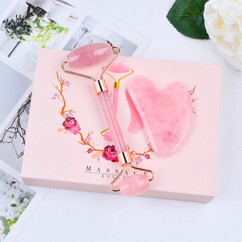 Best Seller Rose Quartz Pink Crystal Stone Gua Sha Jade Roller Rose Jade Roller And Gua Sha Massager Custom Logo Jade Guasha Set