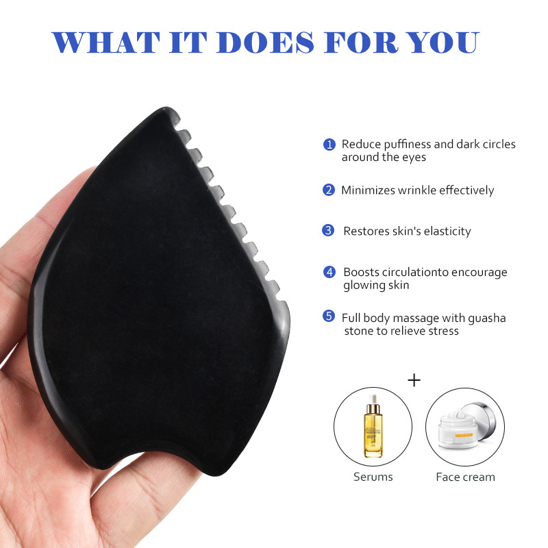 Real Bian Stone Body Facial Skincare Guasha Sawtooth Beauty Tool Custom Logo Face Lifting Black Obsidian Jade Gua Sha Massager