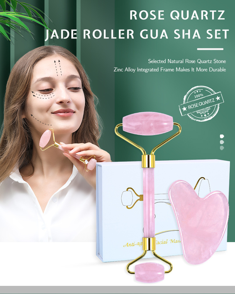 Private Label Rose Quartz Jade Roller And Gua Sha Set Wholesale Anti-aging Jade Roller Kit Natural Jade Guasha Stone Massage Set