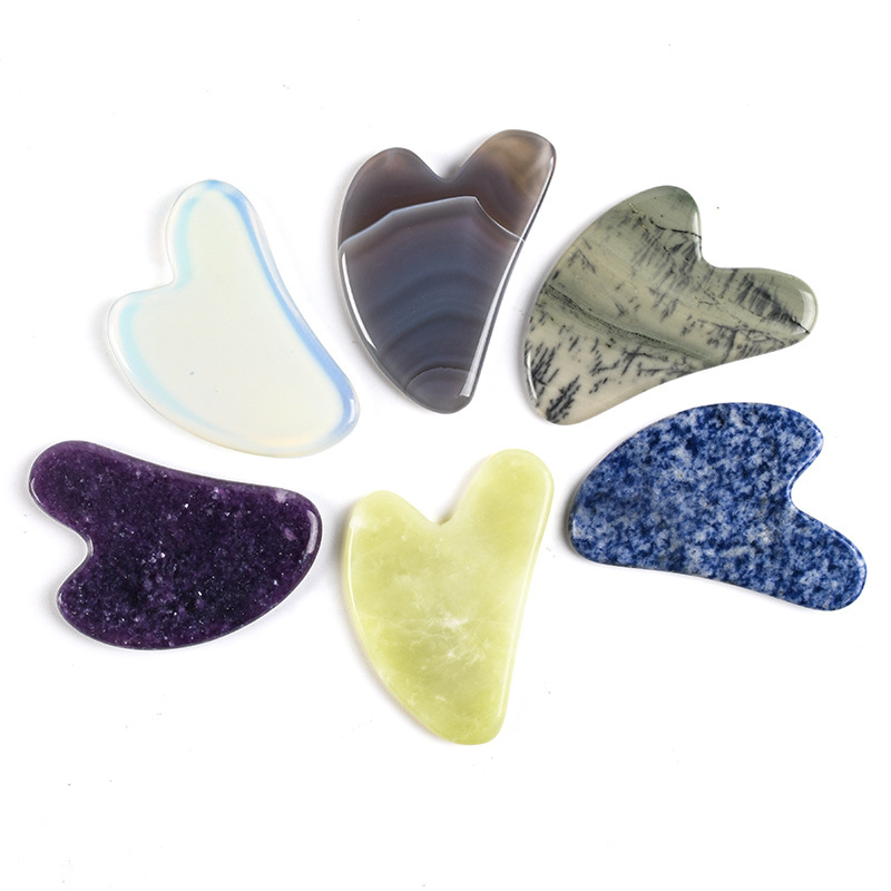 Custom Logo Heart Shaped Natural Pink Cuarzo Agate Rose Quartz Facial Guasha Tool Set Body Black Jade Face Massage Gua Sha Stone