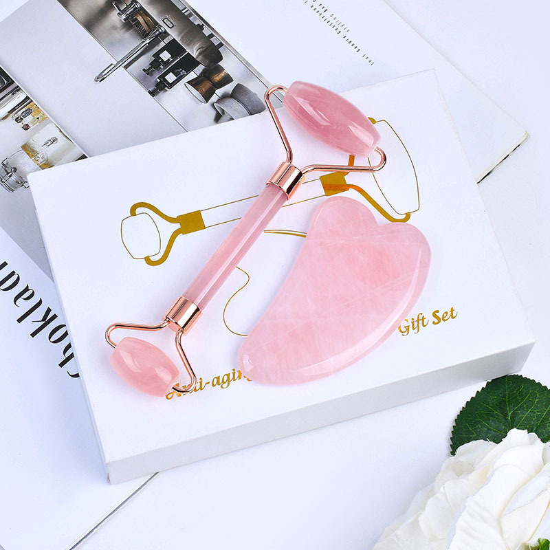 Best Seller Rose Quartz Pink Crystal Stone Gua Sha Jade Roller Rose Jade Roller And Gua Sha Massager Custom Logo Jade Guasha Set