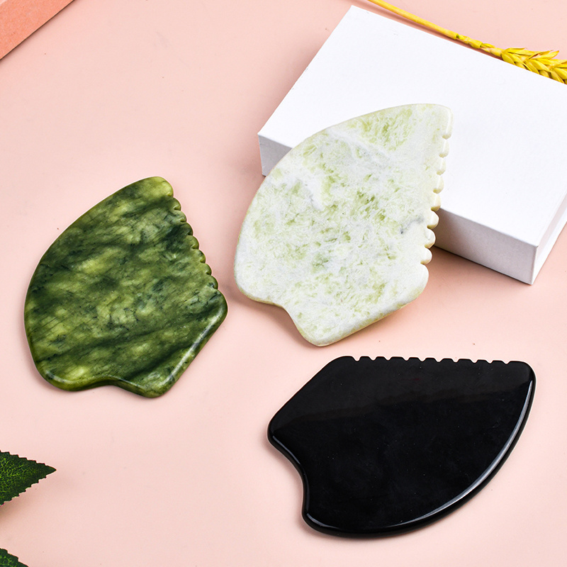 Custom Logo Natural Black Obsidian Nephrite Rose Quartz Pink Crystal Green Jade Guasha Face Massage Tool Facial Stone Gua Sha