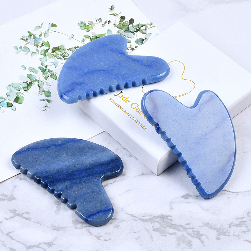 Jade Gus Sha Facial Massager Real Natural Blue Aventurine Anti-aging Guasha Tool Private Label Face Gua Sha Stone With Teeth