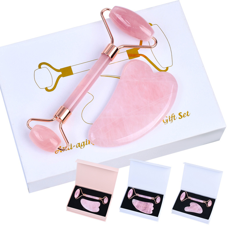 Best Seller Rose Quartz Pink Crystal Stone Gua Sha Jade Roller Rose Jade Roller And Gua Sha Massager Custom Logo Jade Guasha Set