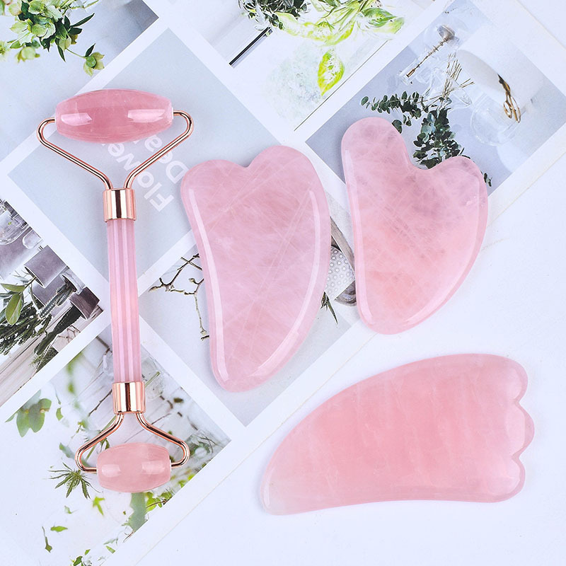 Best Seller Rose Quartz Pink Crystal Stone Gua Sha Jade Roller Rose Jade Roller And Gua Sha Massager Custom Logo Jade Guasha Set