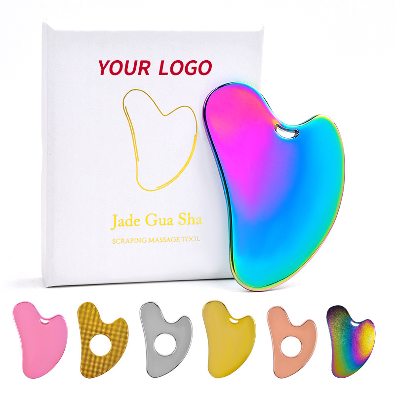 Custom Logo Rainbow Zinc Alloy Metal Guasha Face Skin Care Massage Tool Jade Body Gus Sha Set 304 Stainless Steel Facial Gua Sha