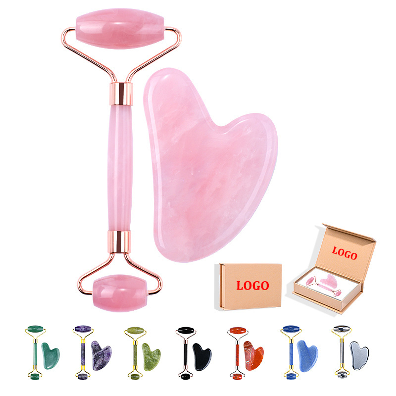 Rose Quartz Jade Roller Gua Sha Set Amethyst Green Pink White Jade Heart Shaped Gua Sha Stone and Face Roller Crystal Guasha Kit