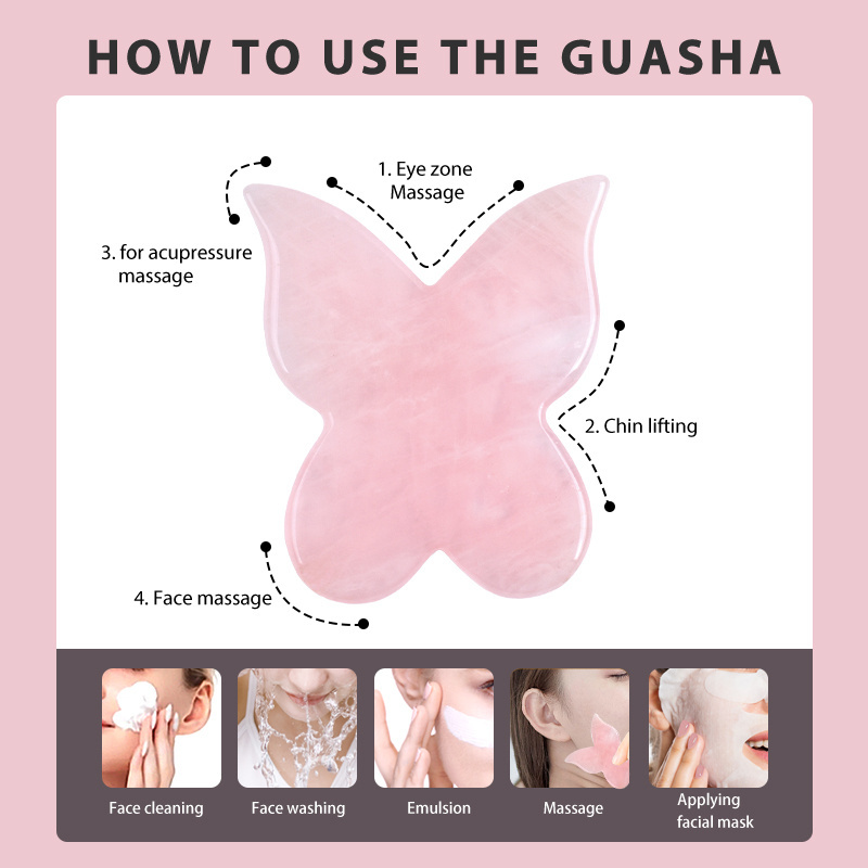 Hot Selling Butterfly Gua Sha Massager Skincare Guasha Tool Natural Rose Quartz Gua Sha