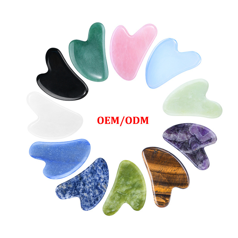 Custom Logo Heart Shaped Natural Pink Cuarzo Agate Rose Quartz Facial Guasha Tool Set Body Black Jade Face Massage Gua Sha Stone