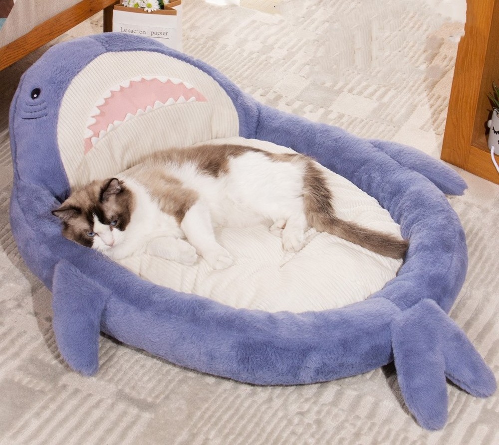 Cute Sleeping Shark Shape Padded Cat Mat Cozy Cat Bed Warm Small Pet Dog Calming Pet Sofa Mat Bed