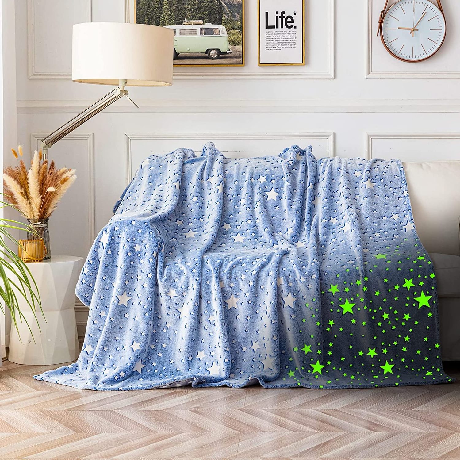 Glow In The Dark Throw Blanket Blue Stars Birthday Gift For Kids Girls Boys Super Soft Warm Cozy Plush Flannel Blankets