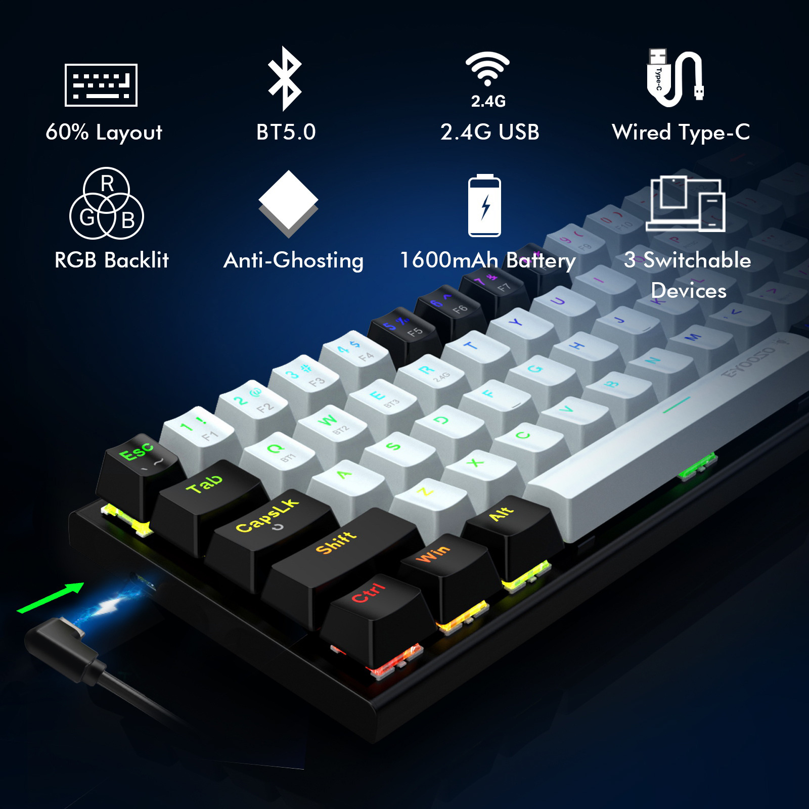 Mini 61 Keys Computer Gaming Keyboard 60% Wireless RGB Backlit Mechanical Gaming Keyboard