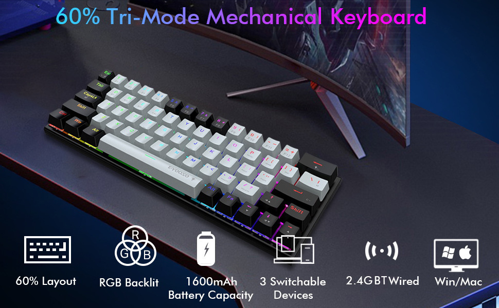 Mini 61 Keys Computer Gaming Keyboard 60% Wireless RGB Backlit Mechanical Gaming Keyboard