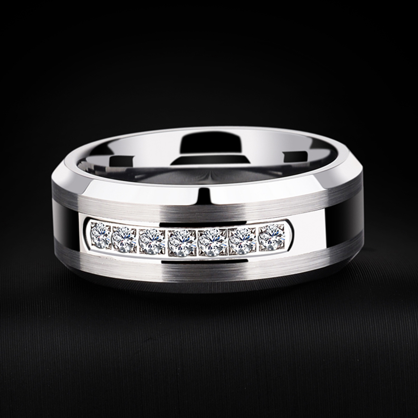 Luxury High Quality customized ring Shining Diamond Stone Bevel Edge Comfort Fit Silver Tungsten Ring  925 sterling silver ring