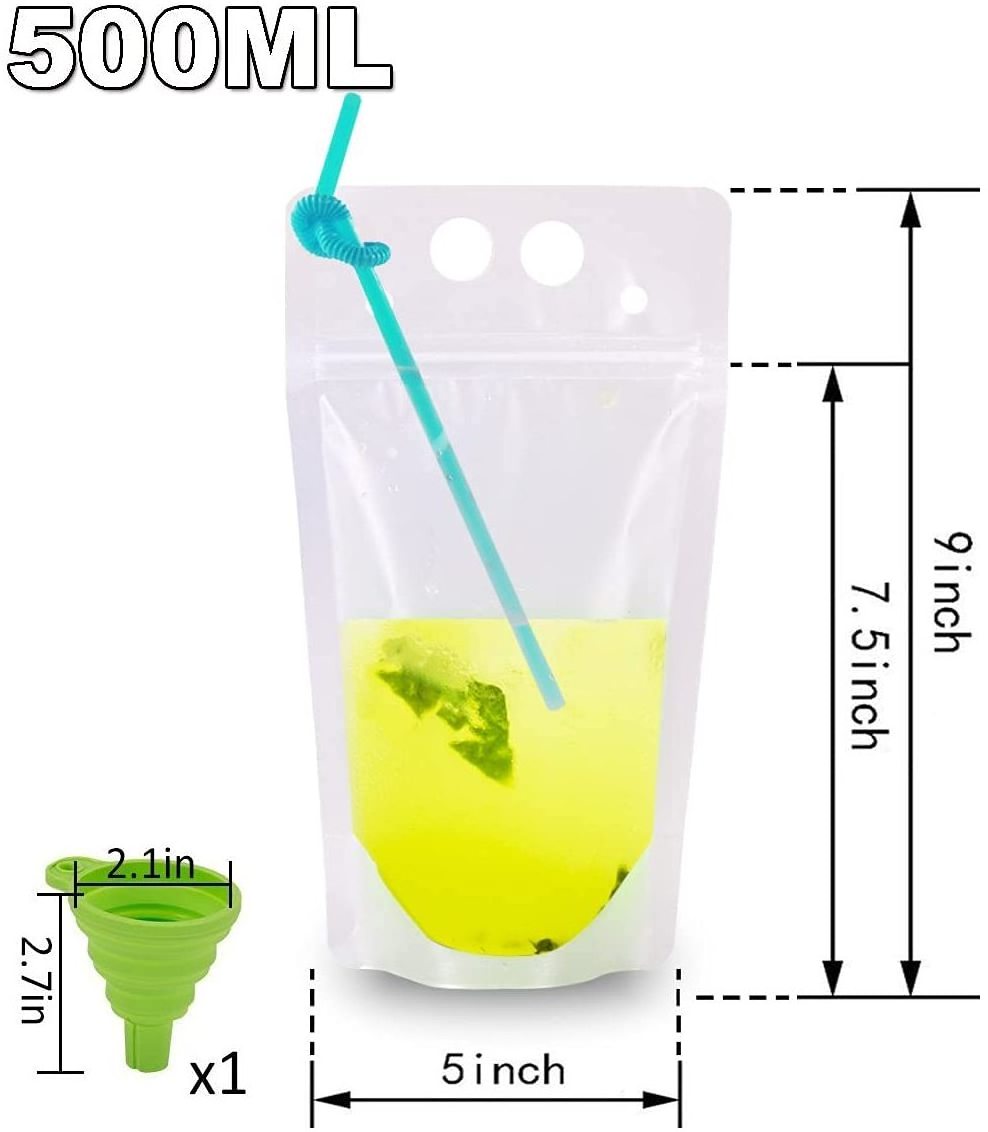 translucent reclousable hand held zipper plastic drinking pouch clear juice bag with straws