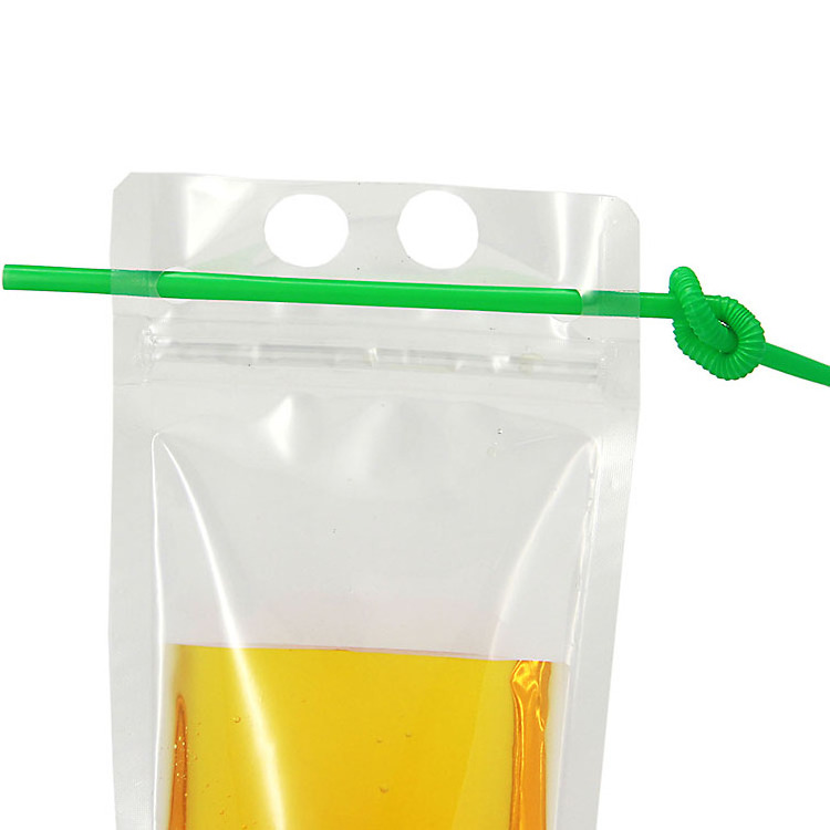 translucent reclousable hand held zipper plastic drinking pouch clear juice bag with straws