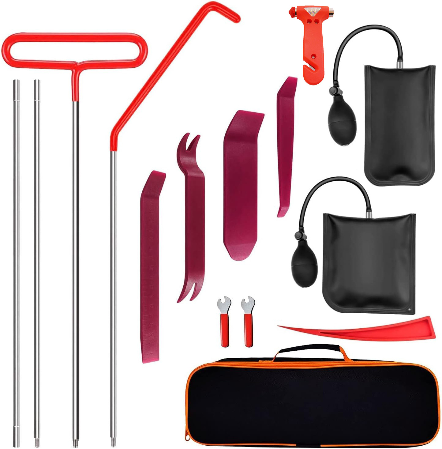 Car Door Open Unlock Kit with Long Reach Grabber, Non-Marring Wedge, Air Pump Wedge Bag, Audio Trim Removal Plastic Pry Bars