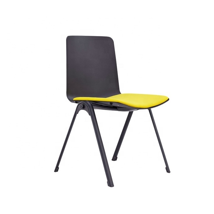 black plastic dining chair, stacking training chair, plastic chair with fabric seat cushion