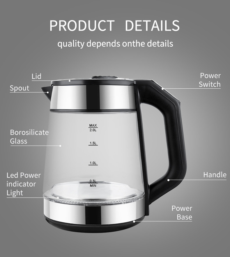 New Design Stainless Steel 2-Liter Electronic Water Kettle Home Appliances Transparent Electric Glass Kettle With Tea Infuser