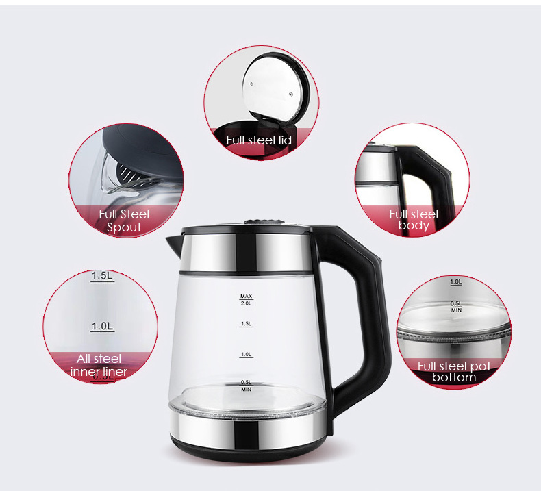 New Design Stainless Steel 2-Liter Electronic Water Kettle Home Appliances Transparent Electric Glass Kettle With Tea Infuser