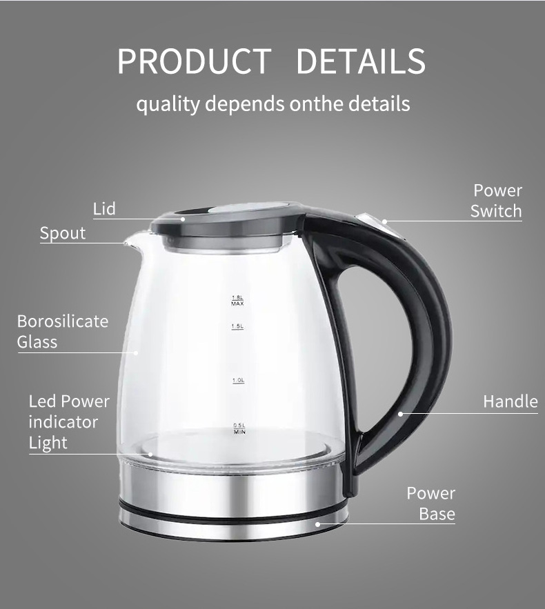 Factory wholesale glass cordless electric jug kettle smart home appliances double wall anti-scald electric glass kettle 1.8l