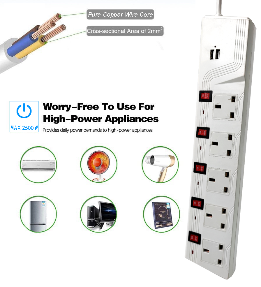 Kuwait Sri Lanka Nigeria Hot sale 5 way switch board Power Outlet extension socket with 13A fuse Uk plug