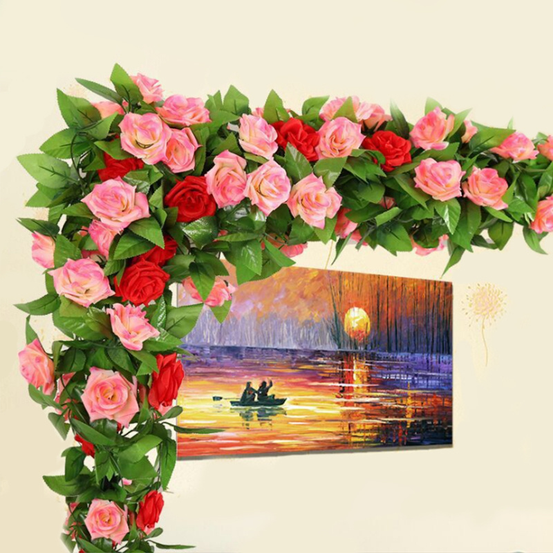 Trending Products Rose Vine 245cm Red Roses Flowers Artificial Home Wedding Flower Rose Wall Rattan Decoration