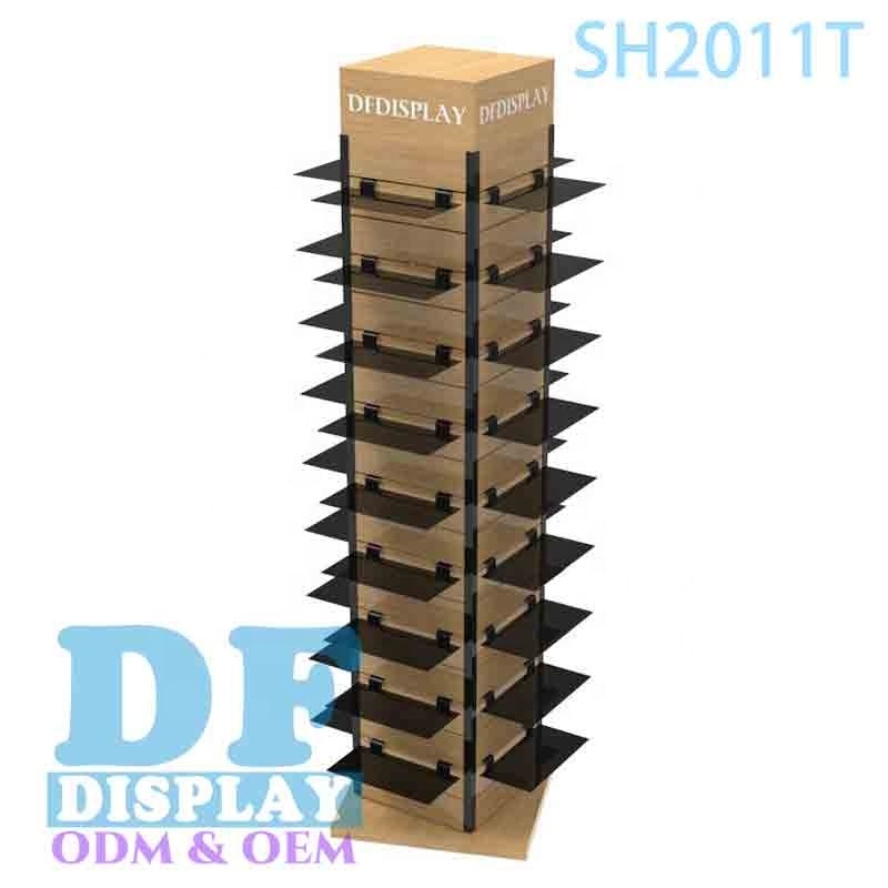 Custom Retail Store Floor Wooden Shoe Display Stand Mdf/Acrylic Display Rack Dafun Four Sided Rotating Sneaker Display Stand