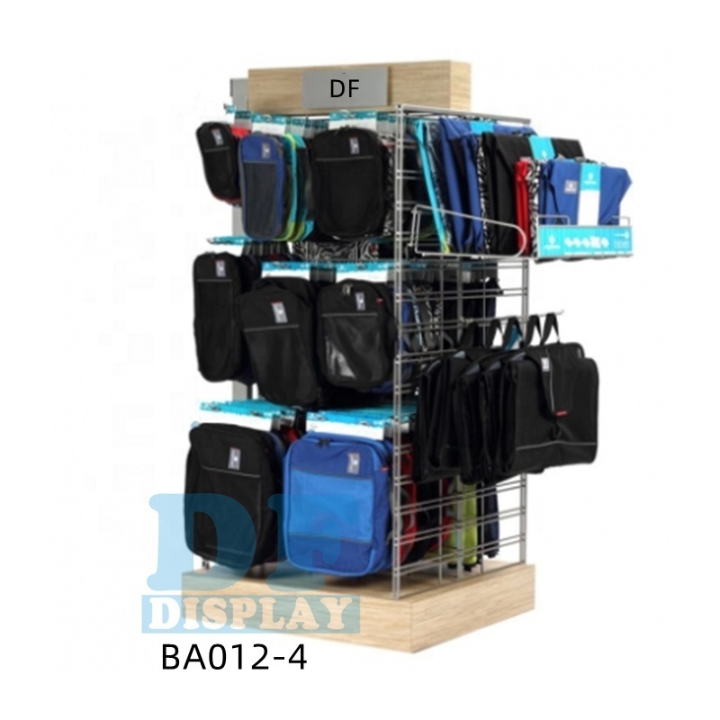 BA012 Retail shop bag display stand floor standing metal /wood backpack display rack with hooks rucksack display shelf stands