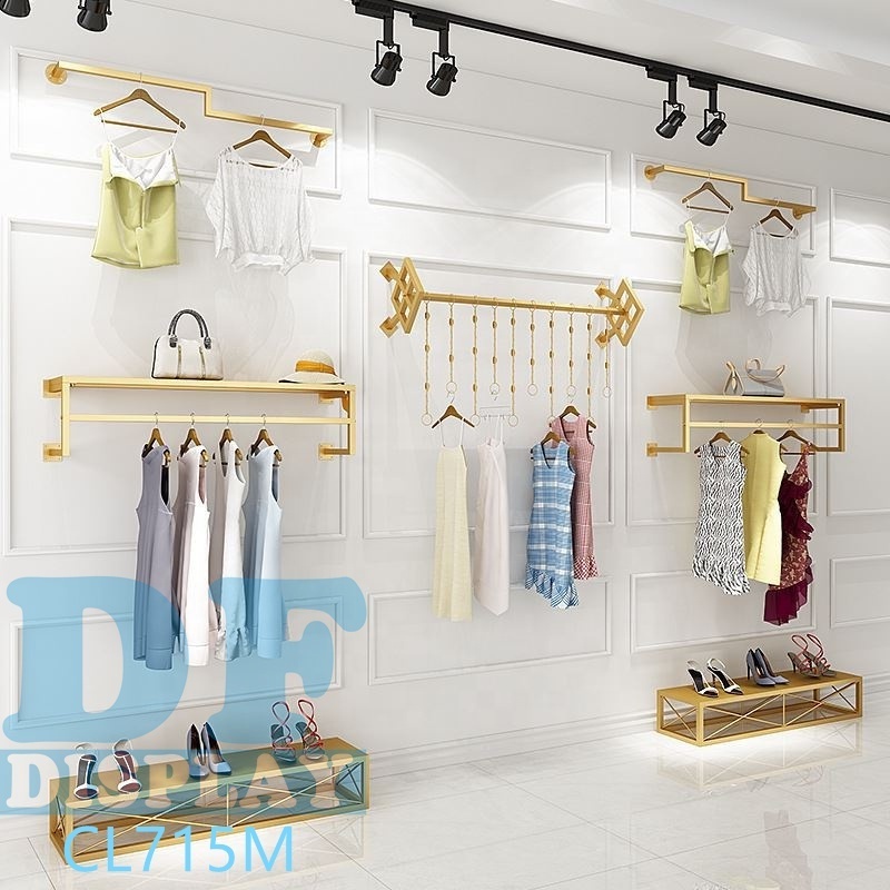 Clothing display metal clothing rack boutique wall mounted clothing racks display golden garment rack