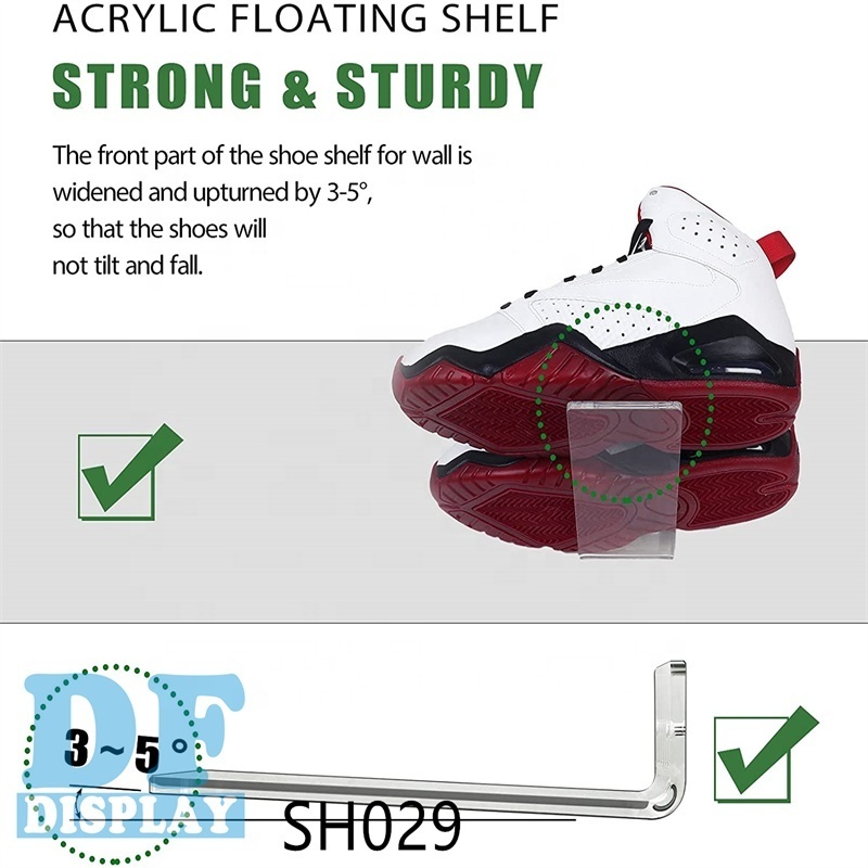 SH029 Floating Shoe Shelves for Closet Wall Set of 6, Floating Shoe Display Clear Acrylic Sneaker Shelves to Show Top Shoes