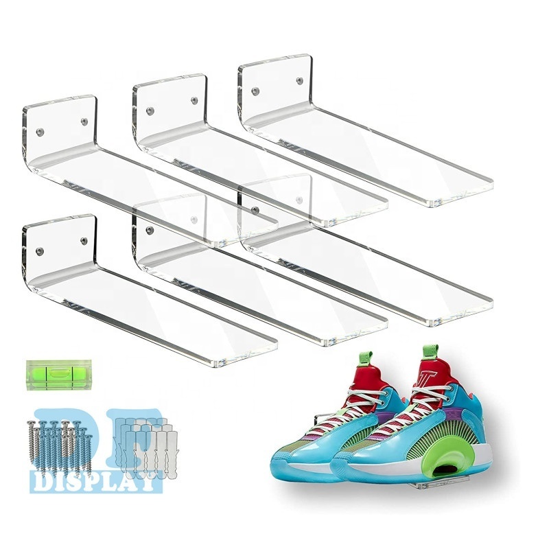 SH029 Floating Shoe Shelves for Closet Wall Set of 6, Floating Shoe Display Clear Acrylic Sneaker Shelves to Show Top Shoes