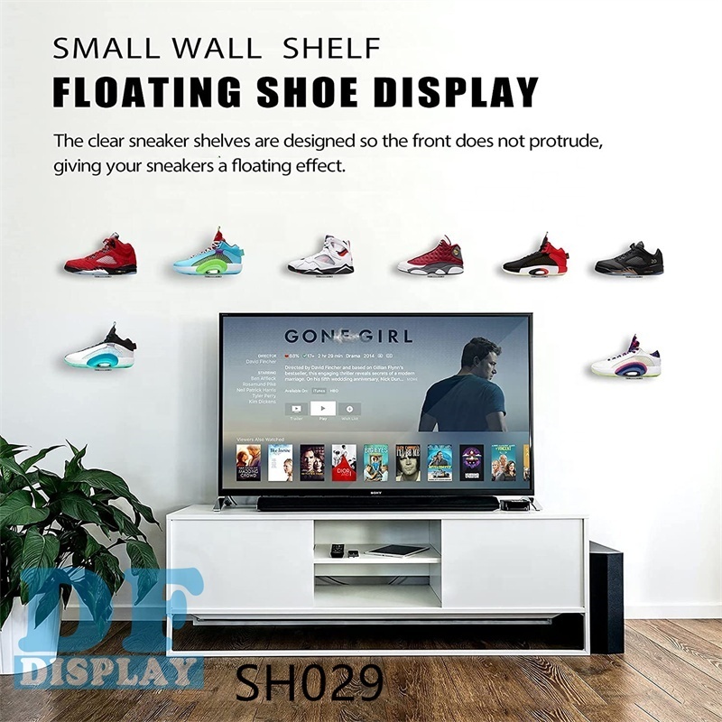 SH029 Floating Shoe Shelves for Closet Wall Set of 6, Floating Shoe Display Clear Acrylic Sneaker Shelves to Show Top Shoes