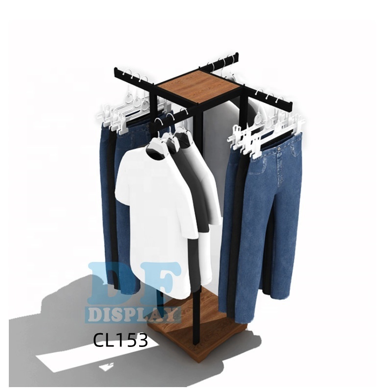 CL153  Industrial Pipe and Wood Clothes Rack 4-Way  Garment Rack Clothing Rack Closet Organizer, Clothing Storage and Display