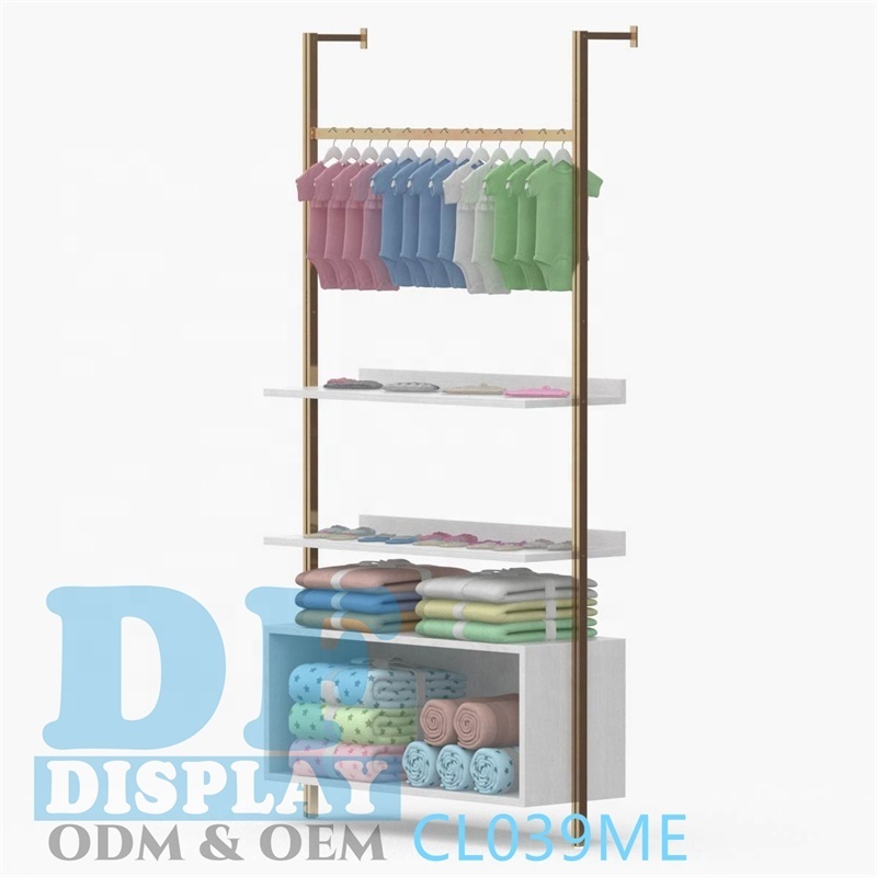 Child Clothes Display Kids Garment Rack Gold Boutique Wall Mounted Rail Pipe Clothing Rack Hanger Retail Hanging Display Shelves