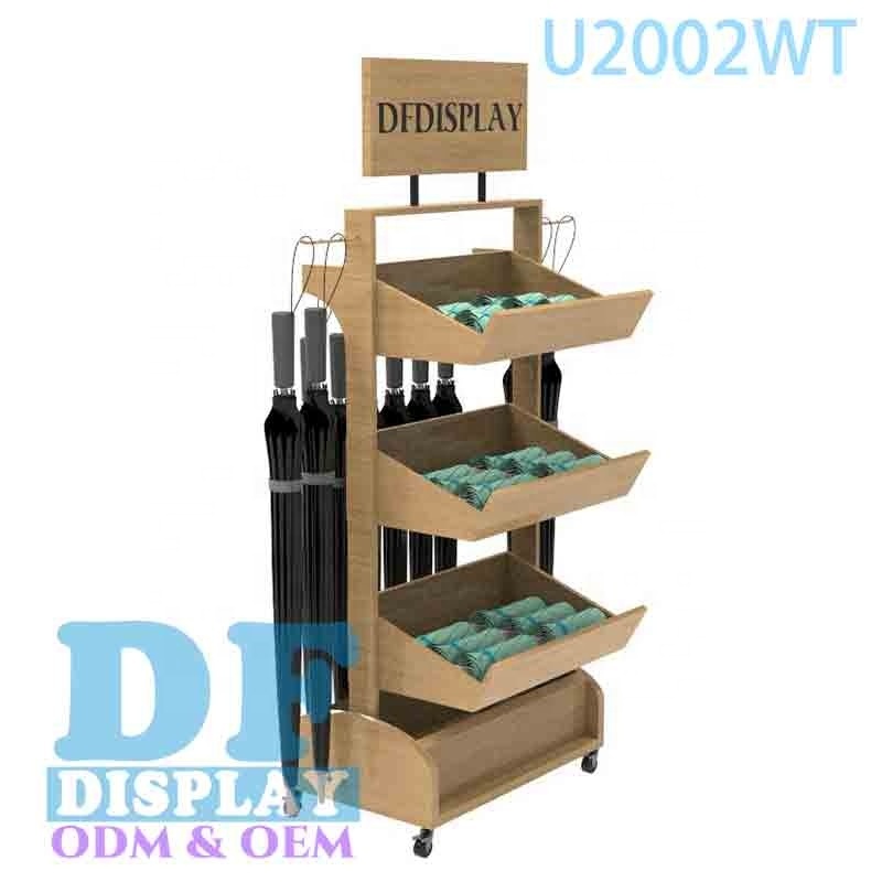 Custom Umbrella Display Double Sides Wheel Floor Retail Wood/MDF Umbrella Display Stand Umbrella Storage Rack Holder