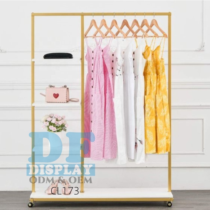 CL173 Gold Pipe Clothing Rack Garment Rack  with shelves for shop store exhibition Gold Boutique Wall Mounted